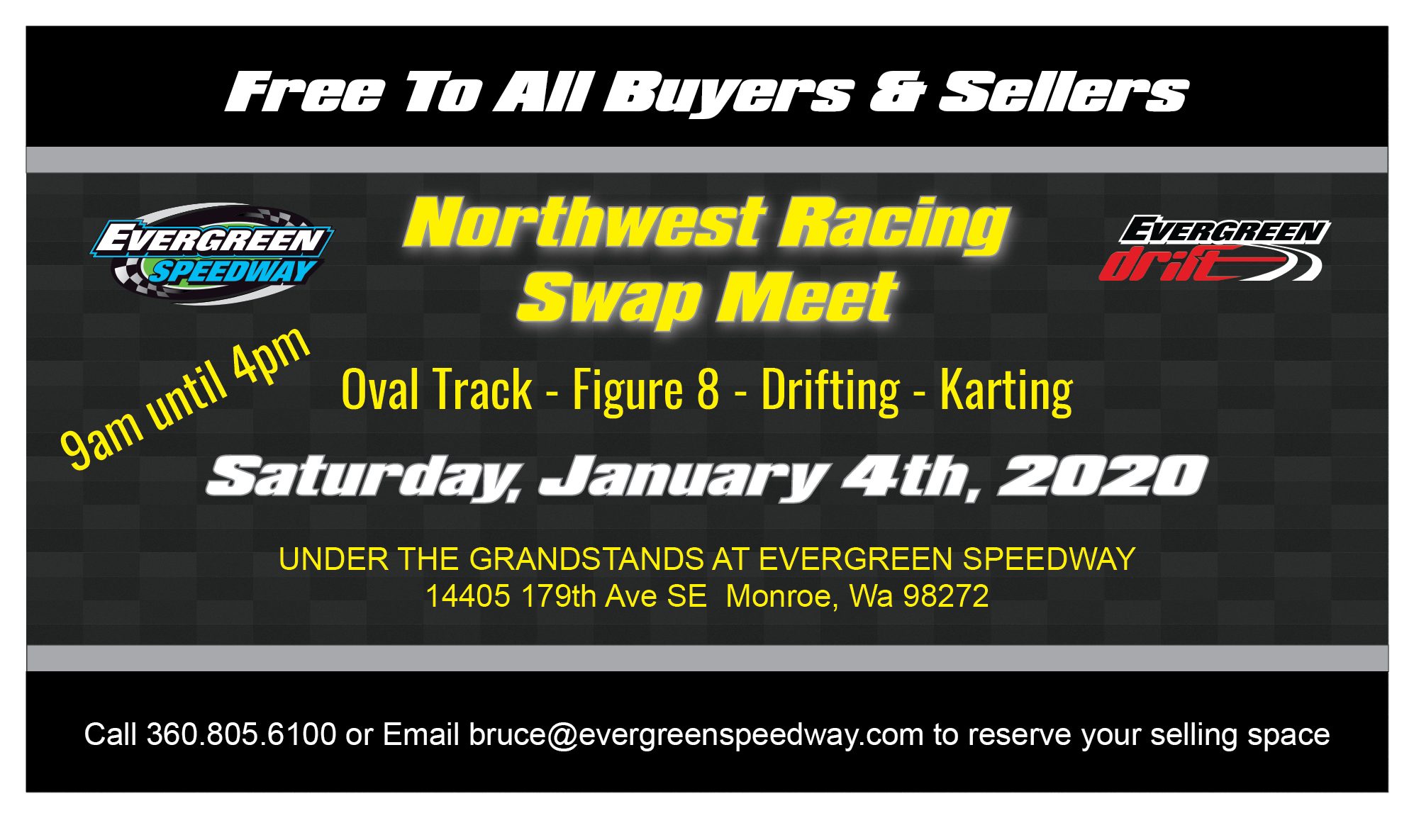 FREE Motorsports Swap Meet January 4th, 2020 Evergreen Speedway