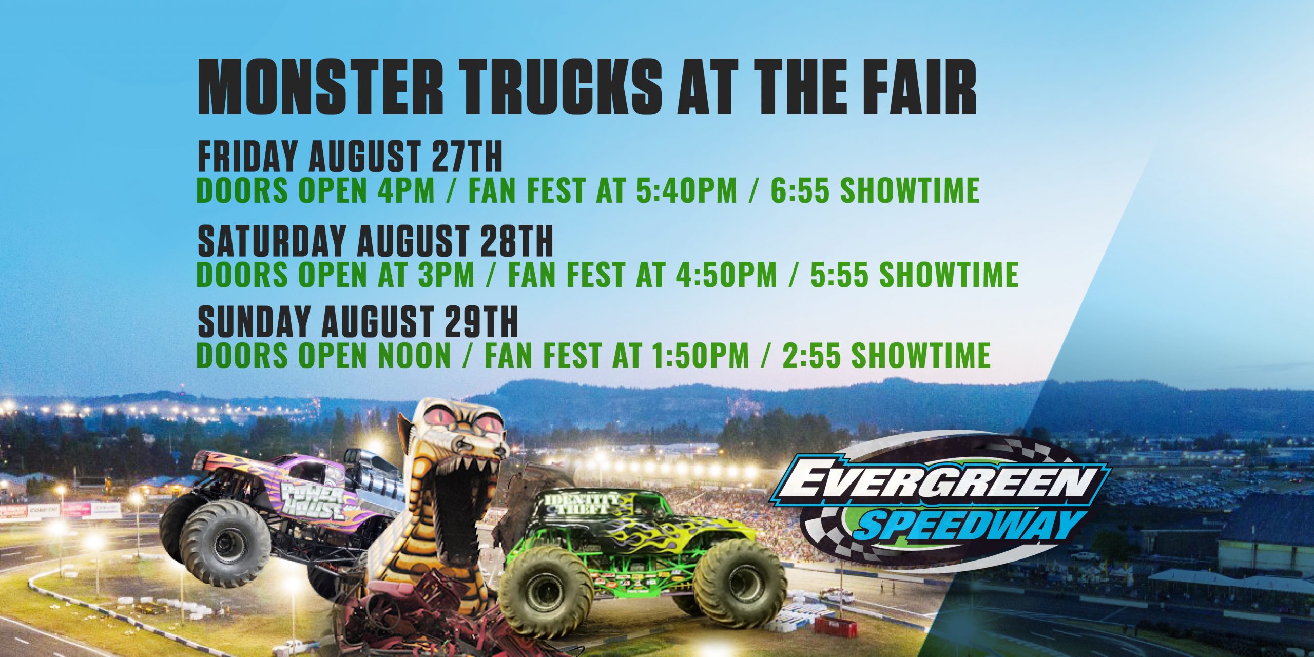 August 29th Sunday Monster Trucks At The Fair Evergreen Speedway